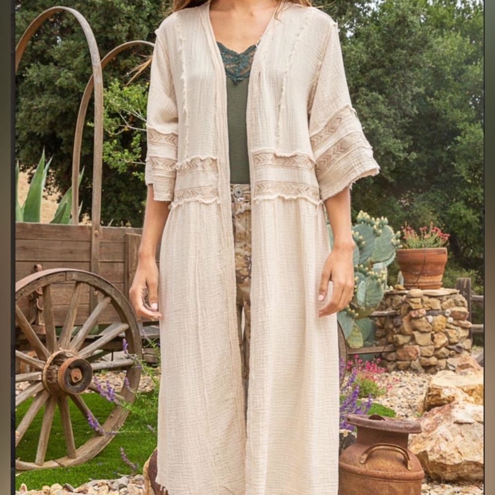 POL IVORY 3/4 SLEEVE COTTON EMBROIDERED DUSTER SIZE LARGE NWOT